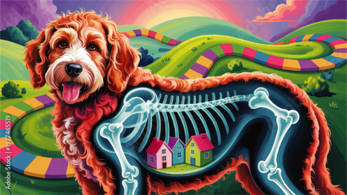 Whimsical dog anatomy illustration with visible skeleton and tiny houses inside body in vibrant surreal fantasy landscape