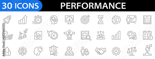Performance icon set. Balanced scorecard, improvements, scope, efficiency, charts, boost, power, monitored, priorities, goal and more. Editable stroke. Vector illustration