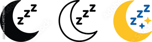 Sleeping crescent moon icon set with zzz snoring symbols and stars representing night time rest and sleep hygiene