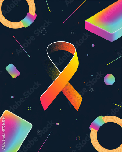 Abstract rhythmic gymnastics sports scene featuring a neon gradient ribbon and floating equipment rings on a dark background