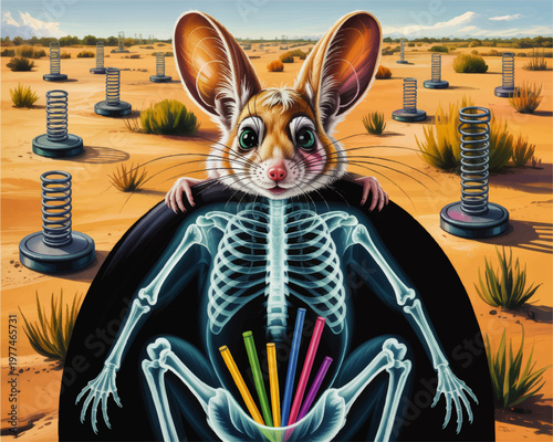 Surreal desert rabbit illustration with xray skeleton, colorful straws, giant ears, and whimsical springs in sandy landscape