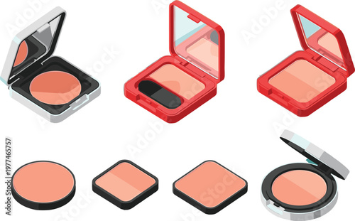 Blush Makeup Compact Collection with Open and Closed Cosmetic Cases Showing Face Powder and Beauty Products for Illustration Design