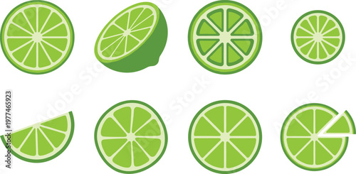 Minimal Lime Slice Icon Set with Citrus Fruit in Flat Outline Style Featuring Whole, Half, and Wedge Shapes for Food Design, Apps, and Web Graphics