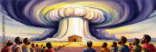 Biblical tabernacle beneath towering divine cloud pillar and radiant sky, dramatic sacred illustration of faith and worship
