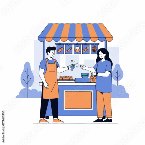 Customer buying food from street vendor stall.