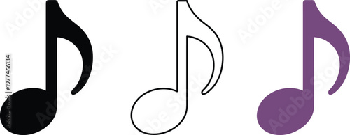 Eighth musical note icon set in black silhouette outline and purple color styles for music apps festivals audio recording and melody