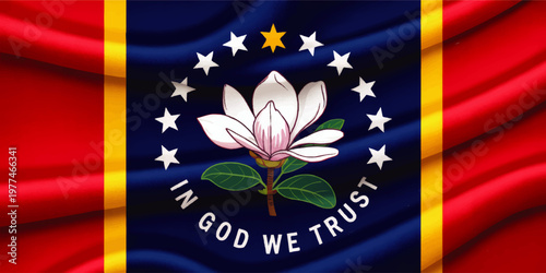 Mississippi State Flag Waving Fabric Illustration with Magnolia Flower Stars and In God We Trust Patriotic American Symbol