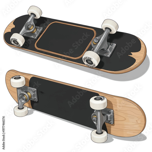 Two skateboards displayed together on wooden decks in an outdoor setting, showing urban leisure and sports vibes.
