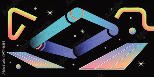 Abstract geometric tennis scene with a modern racket, bouncing balls, and an energy field over an orange court