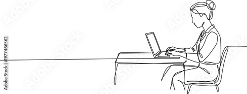 continuous line drawing of woman sitting at desk using laptop computer, line art vector illustration