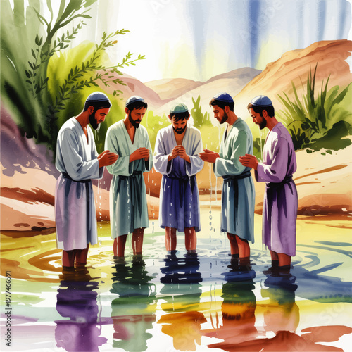 Watercolor illustration of Jewish men performing Tashlich prayer in a river during High Holy Days with desert landscape