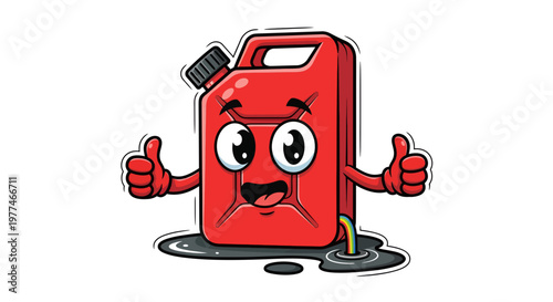 Red Gas Can Character Illustration with Thumbs Up and Spilled Fuel, Funny Cartoon Mascot for Fuel and Energy Concepts