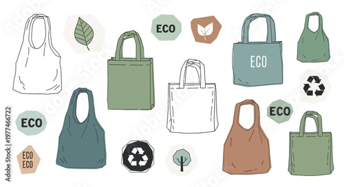 Eco friendly reusable bags and sustainable living icons