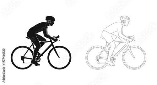 Two cyclists riding bicycles in a minimalist black and white illustration