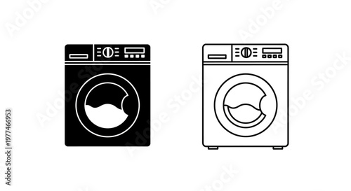 Two washing machine icons one filled and one outlined depicted in black and white