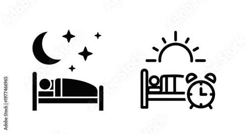 Night and day concepts with beds moons stars and a clock