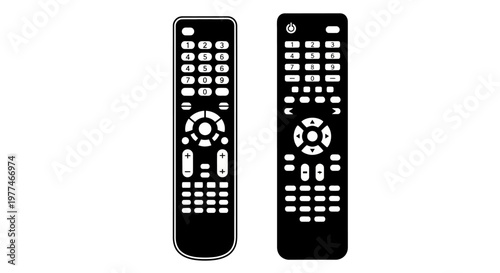 Two black television remote controls displayed on a white background
