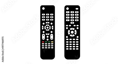 Two black television remote controls displayed on a white background