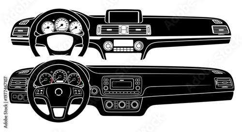 Black and white illustration of two car dashboards with steering wheels