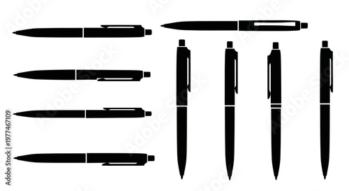Collection of black pens in various styles and orientations