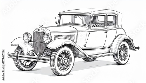 Detailed Line Art Illustration of a Classic 1930s Car.