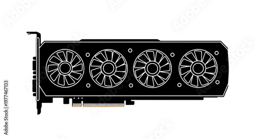 Black silhouette of a modern graphics card with multiple cooling fans