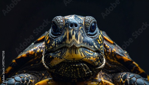 Detailed Portrait of a Turtle with Intricate Shell Patterns.