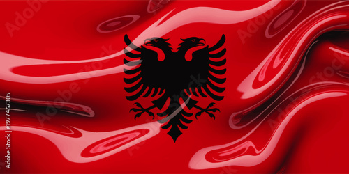 Glossy Albania flag background with black double eagle symbol, red patriotic abstract texture, national banner illustration