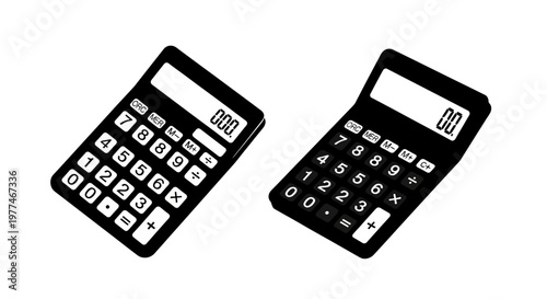 Two black calculators displayed at slightly different angles on a white background