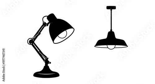 Two black silhouette lamps a desk lamp and a pendant light