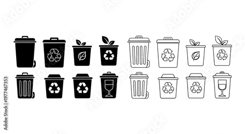 Black and white recycling bin icons in various styles and designs
