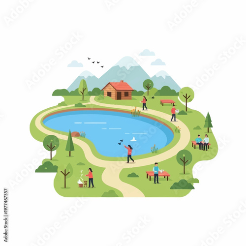 People enjoying a serene lake park with recreational activities.