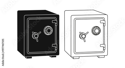 Two safes depicted in contrasting black and white line art styles