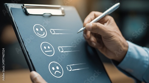 Person holds clipboard and pen with smiley faces for feedback survey