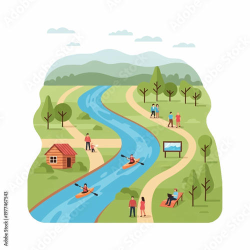 Foto People enjoying kayaking and outdoor activities by the river.