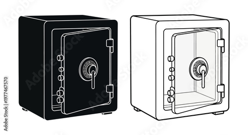 Two safes depicted in contrasting black and white line art styles