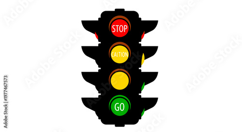 A traffic light displaying a red signal with caution and go indicators