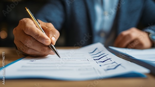 Closeup businessman hand signing financial document with pen on desk