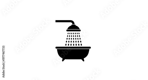 Simple black silhouette of a bathtub with running showerhead above