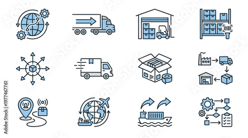 Collection of Logistics and Delivery Outline Icons, Supply Chain Management Symbols, Bright Studio Background