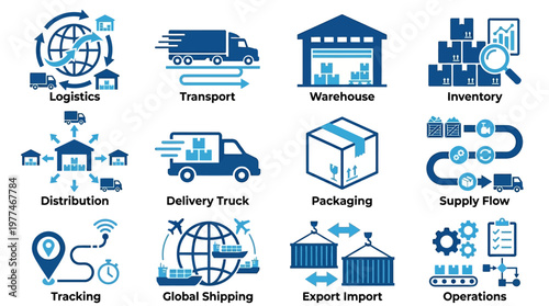 Logistics and Supply Chain Duotone Icons Set on Isolated White Background