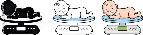 Cute newborn baby sleeping on a digital weight scale icon set featuring black silhouette line art and colored versions,