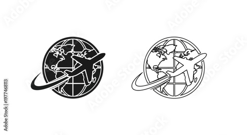 Two globe icons with airplanes circling representing global travel