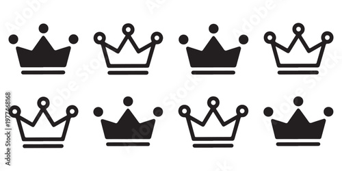 Set of Eight Diverse Crown Icons in Black Silhouette and Outline Styles