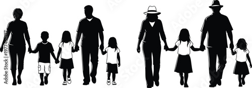 Family silhouettes, parents, children, walking together, unity, companionship, togetherness, parenting, lifestyle, people, bonding, love, support, outdoors, harmony