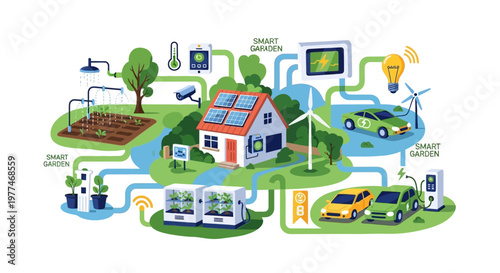 Eco-friendly sustainable living concept with green energy and electric vehicles