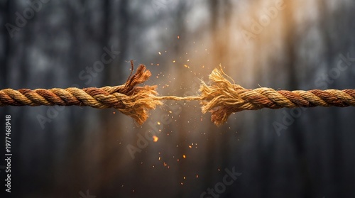 Frayed Rope Breaking Apart Under Tension Symbolizing Stress Strain and Ultimatums Reaching a Breaking Point