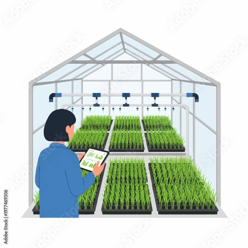 Woman using tablet in modern greenhouse with plants.