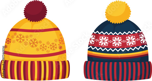 Winter Knit Beanie Hats Collection with Patterned Designs and Pom Pom for Cold Weather Fashion Illustration