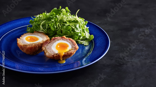 Delicious scotch egg with runny yolk and fresh greens on blue plate